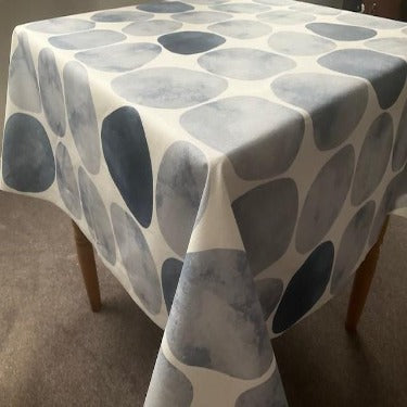 Pre-cut Blue Pebbles Wipe Clean Acrylic Tablecloth in various shapes and sizes
